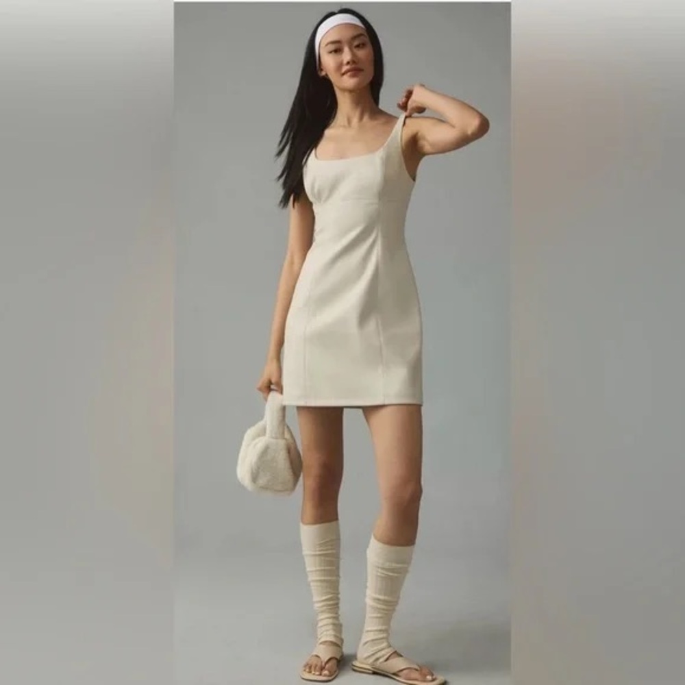 Maeve by Anthropologie Faux Leather Squareneck Mini Dress in Cream